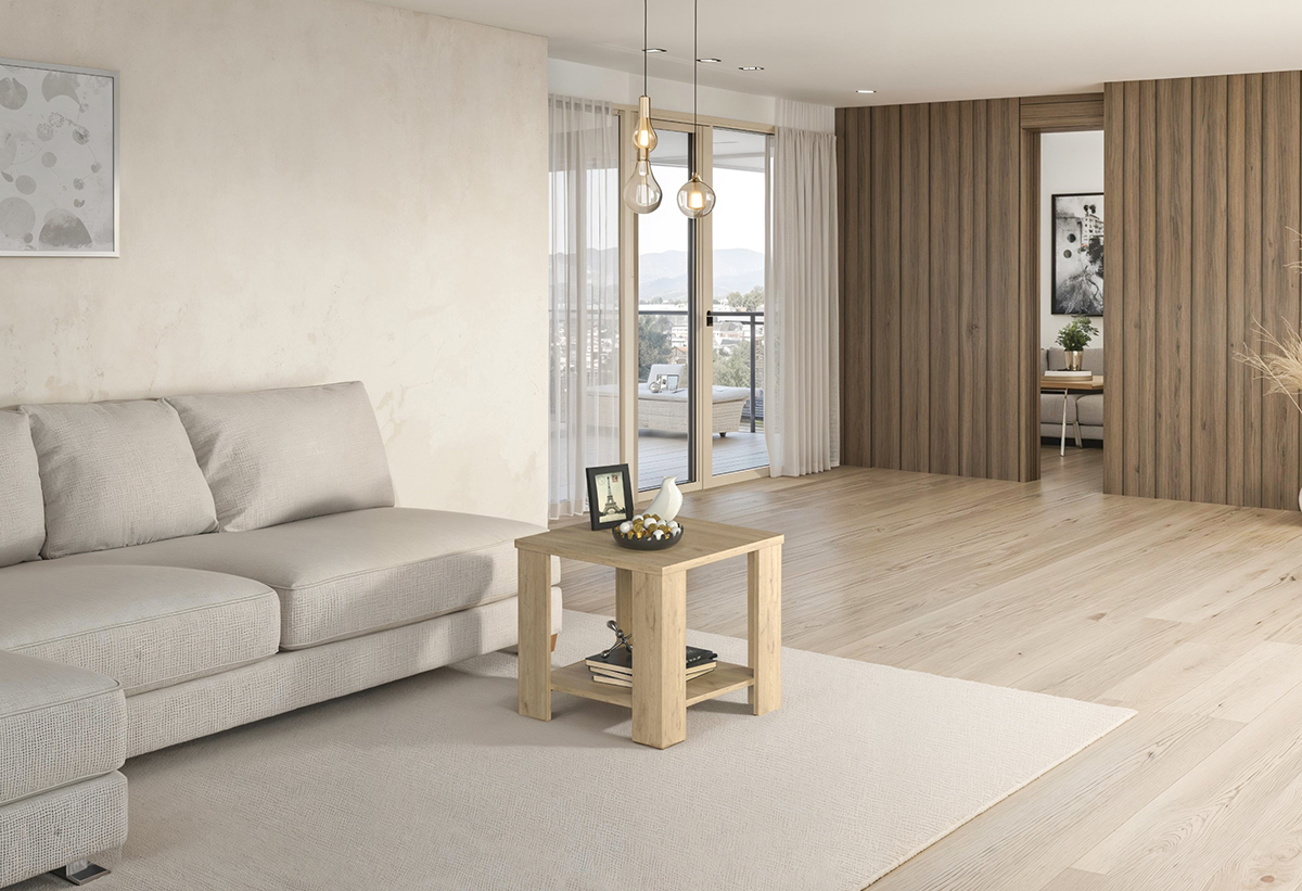 Απεικονίζεται το τραπέζι Delos μπροστά από έναν καναπέ.